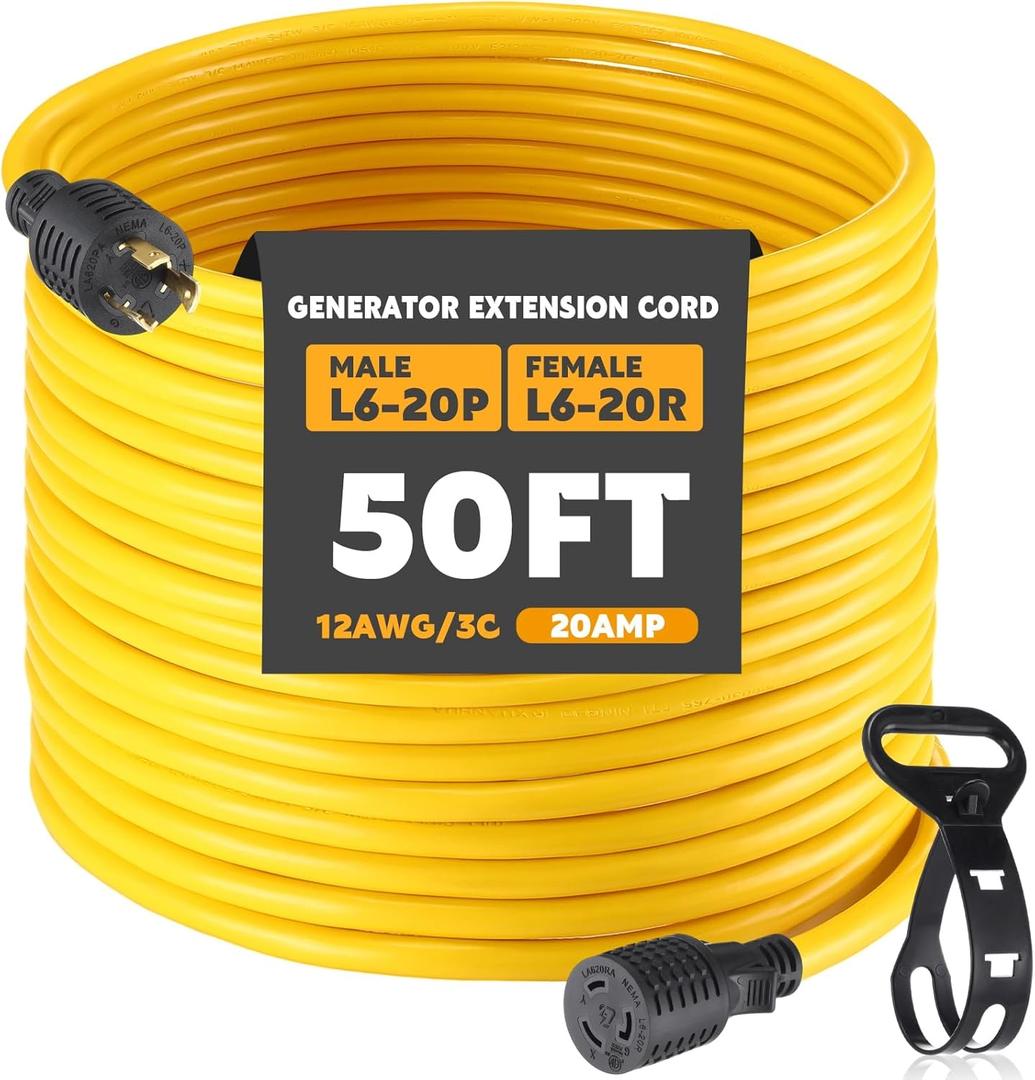 Tellegloww 50ft NEMA L6-20 Generator Extension Cord L6-20P Male Plug to L6-20R Female Receptacle 3 Prong 20 Amp Locking Power Cord, STW 12 AWG/3C,250 Volt 5000 Watts, ETL Listed