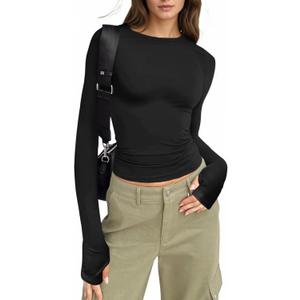 Fisoew Womens Long Sleeve T Shirts Crew Neck Basic Fall Fitted Tops Running Yoga Athletic Shirts with Thumb Hole (Black)