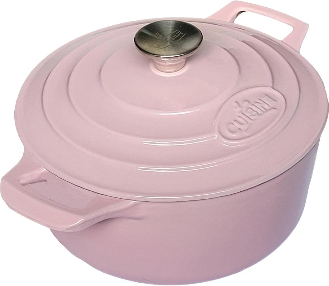 La Cuisine Enameled Cast Iron Dutch Oven Casserole Dish Pot with Lid, 3.7 QT 9.5" /24cm Dia. Cream White Enamel Coating Interior, Pink, Oven-Safe, Induction Cooktop Compatible