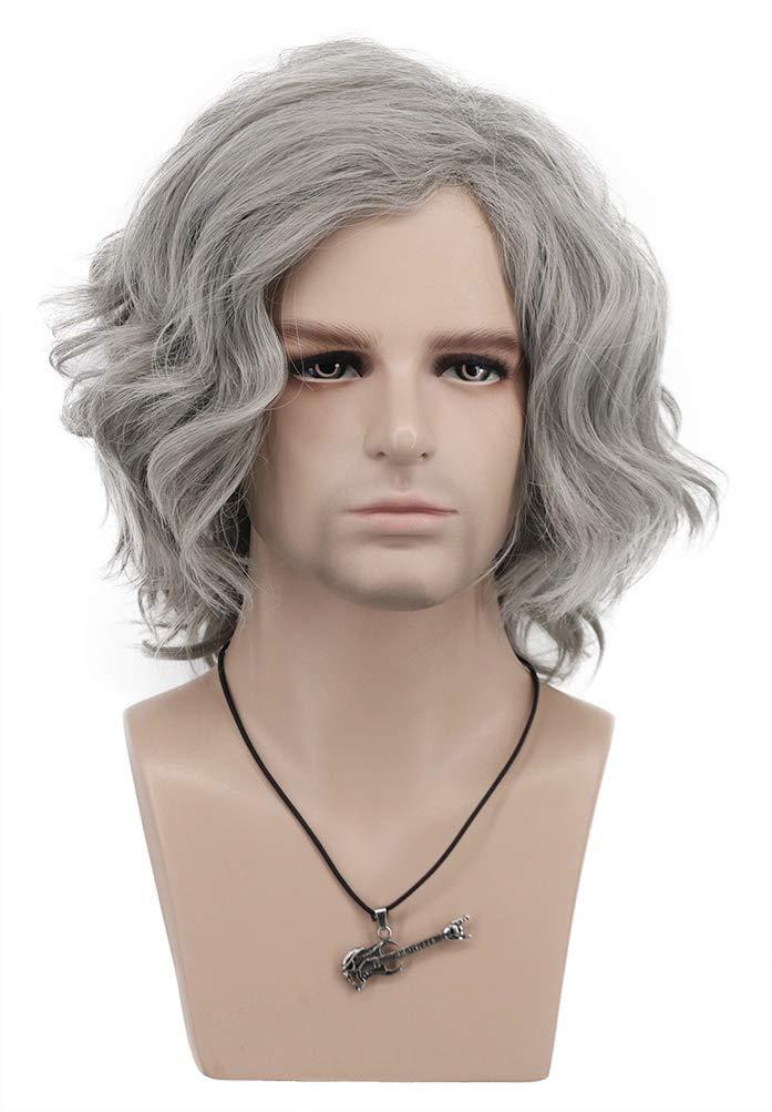 VGbeaty Old Men Short Bob Curly Gray Wig Halloween Cosplay Anime Costume Party Wig