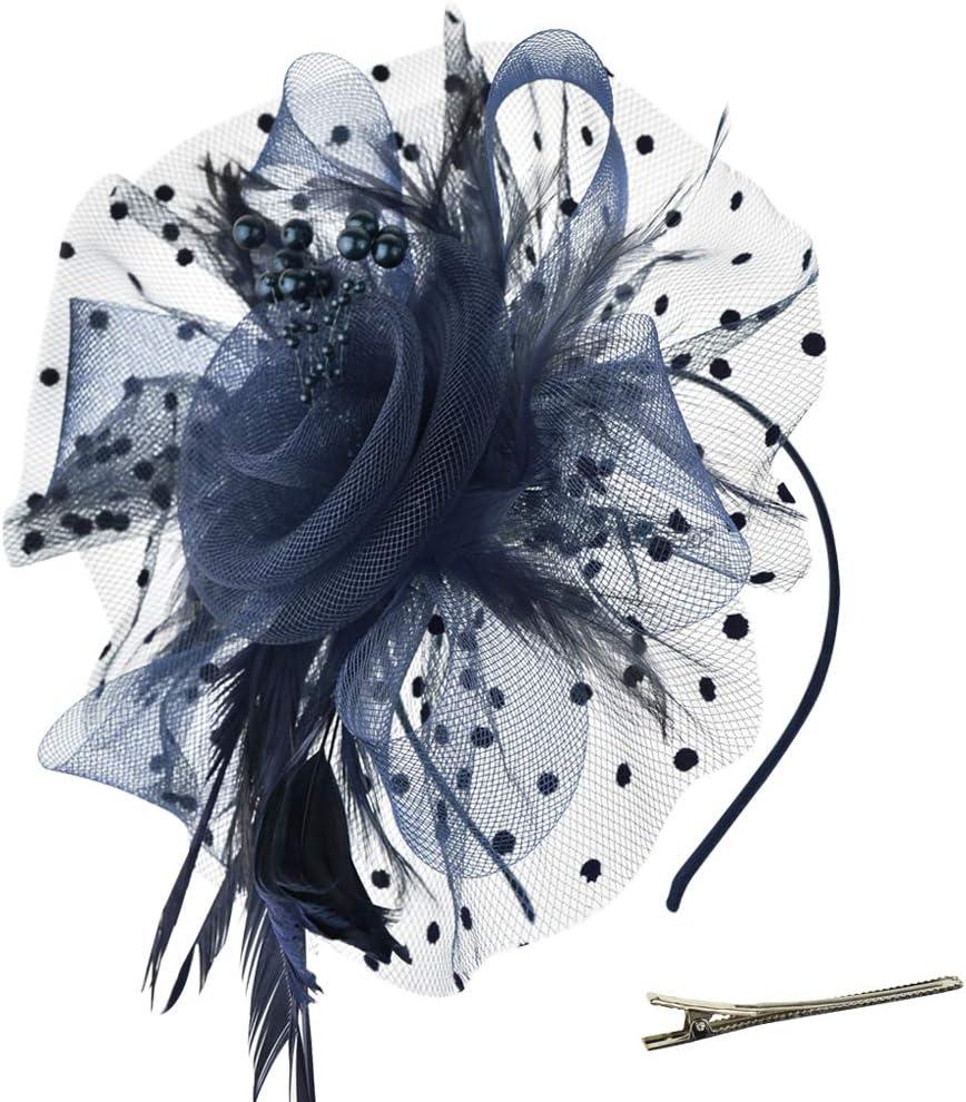 DRESHOW Fascinators Hat Flower Mesh Ribbons Feathers on a Headband and a Clip Tea Party Headwear for Girls and Women