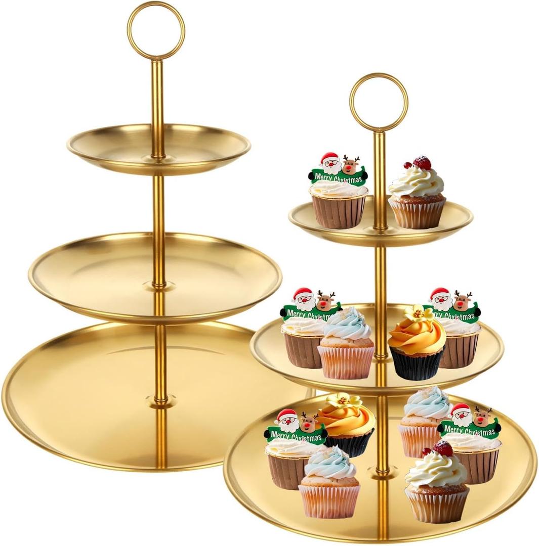 2PCS Gold Cupcake Stand 3 Tiered Dessert Stand Stainless Steel Cupcake Display Stand Party Serving Trays Gold Cake Holder for Holiday Dessert Table Decorations Birthday Wedding