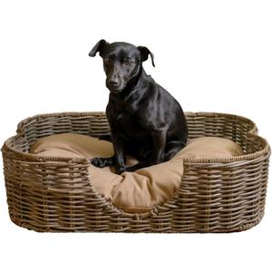DBD1002A Scallop 27" x 18.25" Tropical Handwoven Rattan Dog Bed with Machine Washable Cushion, Kubu Gray