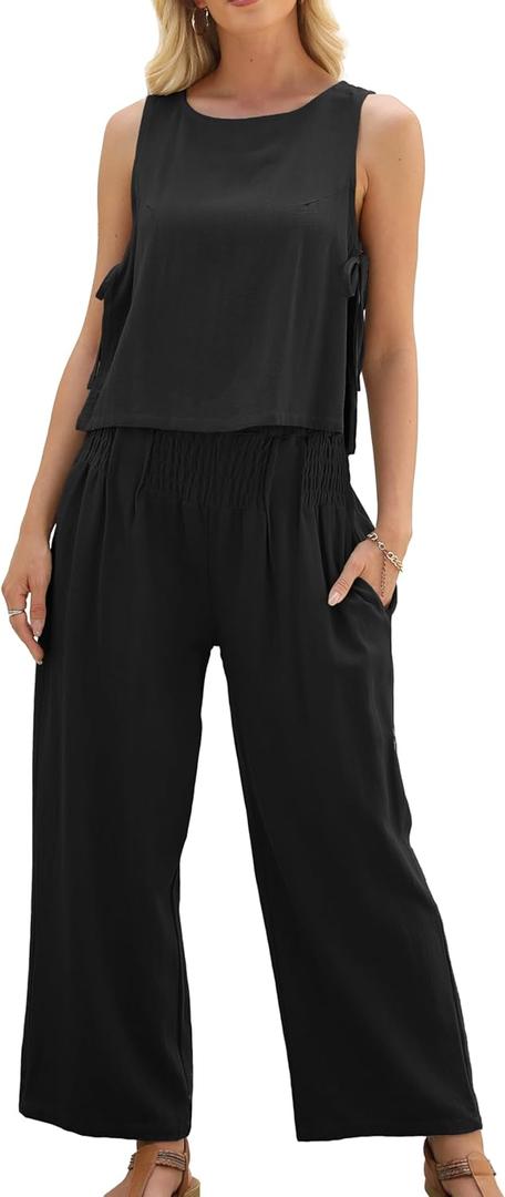Women's Summer 2 Piece Outfits Linen Sleeveless Crop Top Palazzo Wide Leg Pants Pockets Beach Lounge Set (Medium, Black)