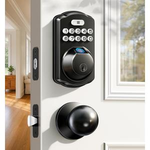 Veise Fingerprint Door Lock with 2 Knobs - Keyless Entry Door Lock with Handle, Electronic Keypad Deadbolt, Smart Front Handle Set, Auto-Locking, Waterproof, Easy Installation, Matte Black