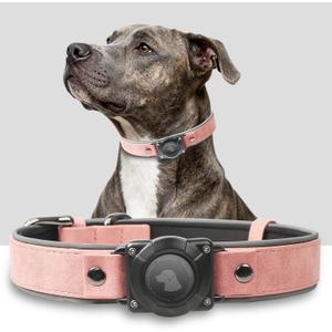 Premium Leather AirTag Dog Collar, 100% Waterproof & Reflective Dog Collar with AirTag Holder Compatible with Apple Air Tag | Durable, Comfortable Padded GPS Dog CollarsPink-L