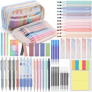 61 PCS Aesthetic School Supplies with Cute Pencil Case, No Bleed Highlighters, Gel & Erasable Pens, Mechanical Pencils, Refills, Complete College Essentials Stationery Kit for Women (Blue)