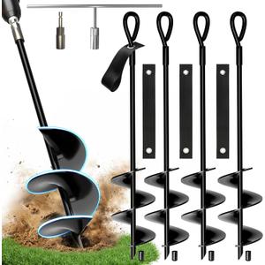 MIXC 18 Inch Heavy Duty Ground Anchors Screw in, 4 Pack Spiral Trampoline Stakes with Straps, Drill Adapter and Upgraded T-Wrench, 2.76'' Wider Blades for Swing Set, Shed, Carport, Mobile Home
