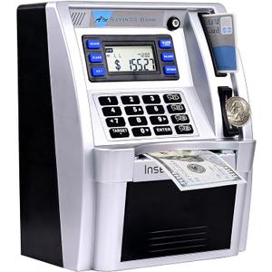 ATM Piggy Bank for Real Money for Kids Adults,Toy Money Bank with Card,Password,Coin Recognition,Bill Feeder,Balance Calculator,Electronic Money Safe Coin Box,Hot Gift for Boys Girls (Silver/Black)
