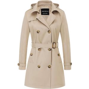 CREATMO US Women's Trench Coat Double-Breasted Classic Lapel Overcoat Belted Slim Outerwear Coat with Detachable Hood (X-Large, Khaki)