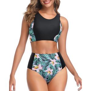 Tempt Me Women Two Piece High Waisted Bikini Set Sporty Swimsuits Bathing Suit with Bottom for Teen Girls (X-Small, Black Floral)