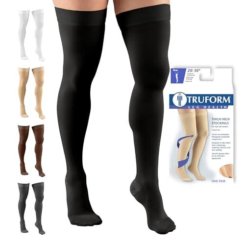 Truform 20-30 mmHg Compression Stockings for Men and Women, Thigh High Length, Dot Top, Closed Toe, Black, Small