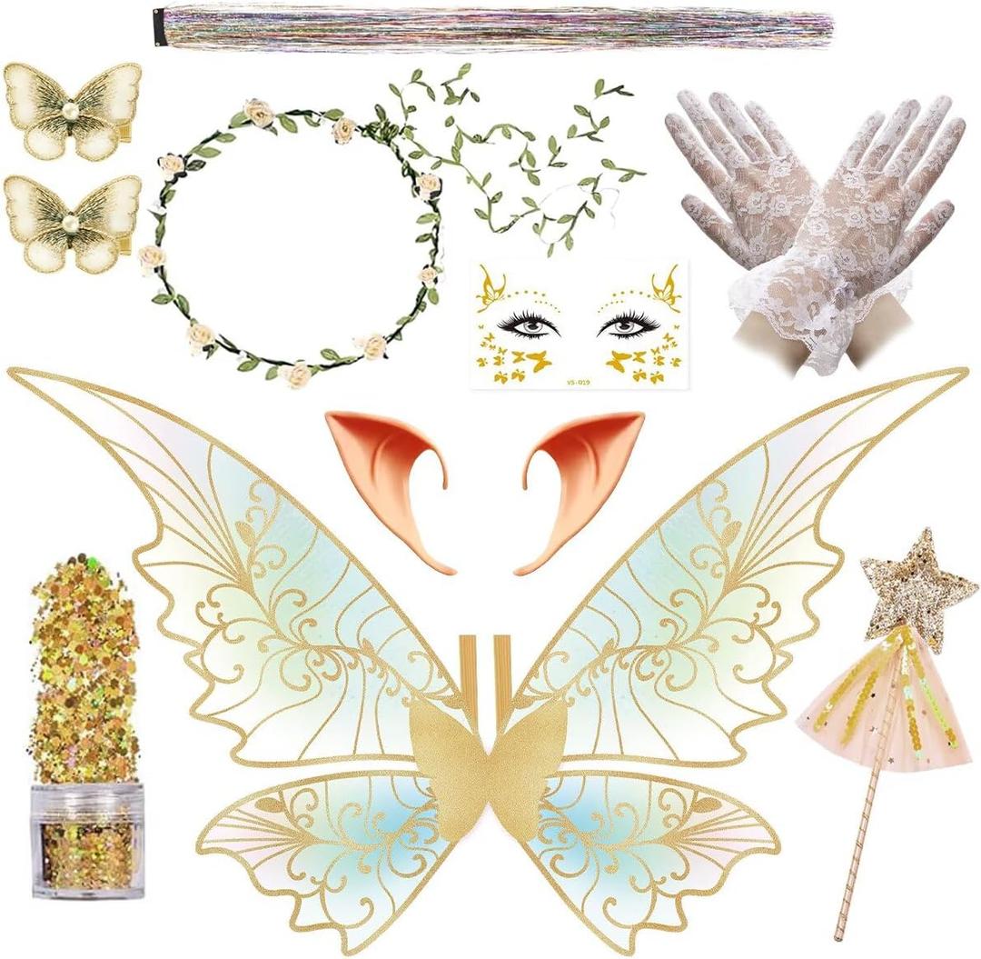 Fairy Wings Costume Set for Adult Women, Butterfly Hair Clips Elf Ears Garland Wand Gloves Glitter Halloween Party (Yellow)