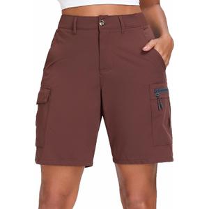 Oalka Women's Hiking Cargo Shorts Bermuda Camping 9" Shorts | Lightweight Quick Dry Golf Shorts With Zipper Pockets, Breathable Athletic Summer Button Elastic Waistband Shorts For Women (Brown, L)