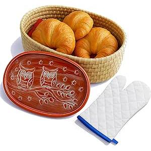 Bread Warmer Basket with Terracotta Stone – Includes Oven Mitts – Keeps Bread Warm – Rustic Gift for Holidays, Housewarming, Dinner Parties – Handwoven Natural Look – Kitchen Table Accessory