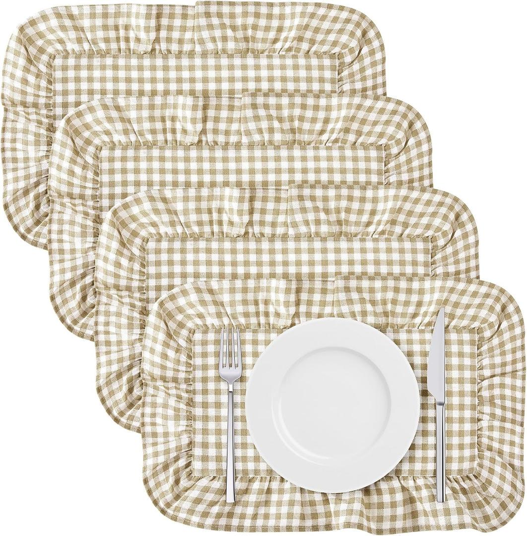 Frienda Set of 4 Light Brown Gingham Plaid Scalloped Placemat with Ruffle, 13.8x17.7 Inch Washable Machine Cotton Rectangle Table Mats for Dining Restaurant Kitchen Table Home Decor
