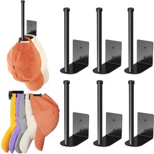 6 Pack Hat Racks for Baseball Caps, Stainless Steel Hat Organizer for Baseball Cap, Hat Holder Storage Organizer, Hat Hanger Strong Adhesive/Wall Drilled for Door, Bedroom, Closet(Black 6 in)