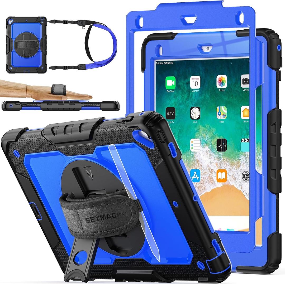 SEYMAC stock Case for iPad 6th / 5th Generation Case/Air 2 / Pro 9.7 inch, Heavy Duty Protective with Screen Protector, with Pencil Holder, Hand Strap, Shoulder Strap, 360 Rotate Stand, Blue+Black