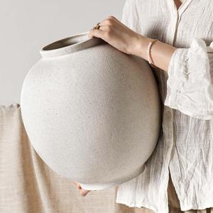 White Ceramic Vase - Large 13.5 Inch Round Floor Vase for Centerpieces, Farmhouse Flower Vases, Rustic Minimalist Home Decor (Sandstone White)