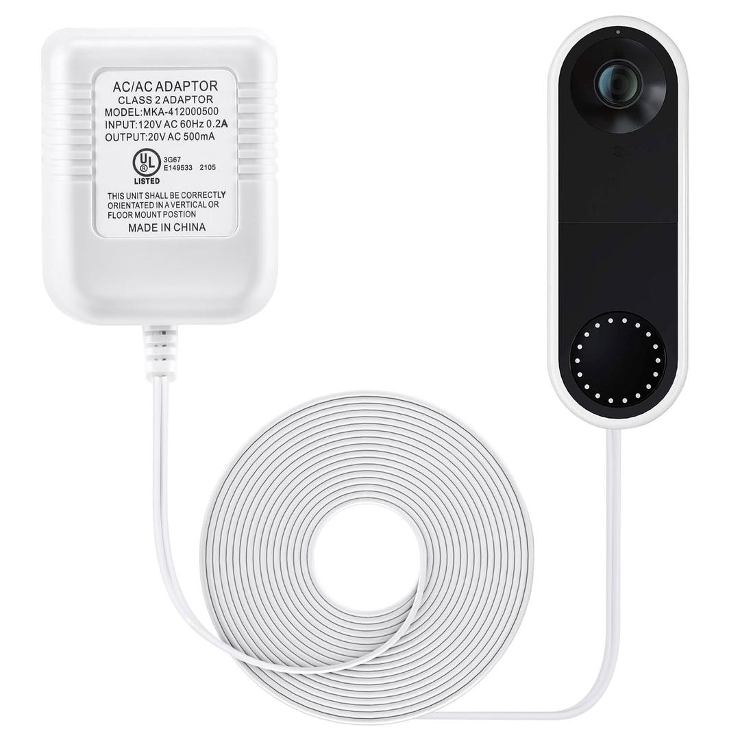Doorbell Transformer 16-24V Adapter, 16.4ft Long C Wire Power Supply 20VAC 500mA Power Adapter, Compatible with Arlo Eufy Video Doorbell, UL Certification with 50PCS Cable Clips(White)