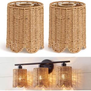 2 Pcs Rattan Lamp Shade Small Scalloped Lampshade with E14 Adapter Ring Drum Lamp Shade E26 E27 5.9 x 4.8 in Lampshade Light Cover Chandelier Floor(Woven,Natural,Paper Rope)