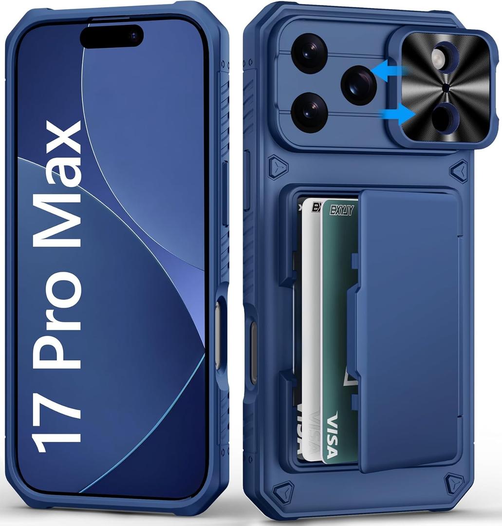 BXYJY for iPhone 17 Pro Max Case Wallet with Card Holder (4-5 Cards), Slide Camera Cover, Military Grade Drop Shockproof, Heavy Duty Rugged Women Men Phone Case for iPhone 17 Promax 6.9" 2025, Blue