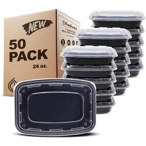 Freshware Meal Prep Containers [50 Pack] 1 Compartment with Lids, Food Storage Containers, Bento Box, BPA Free, Stackable, Microwave/Dishwasher/Freezer Safe (24 oz) (Black)