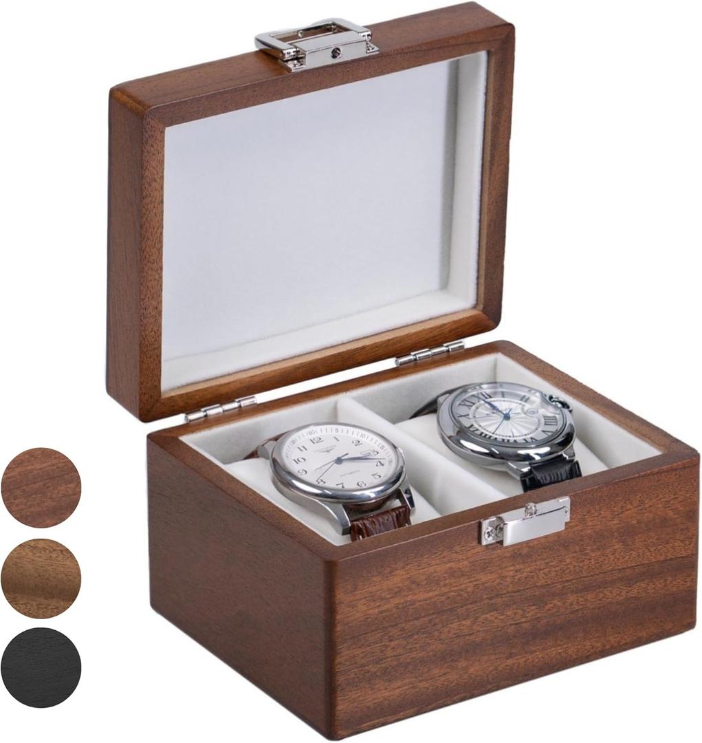 Watch Box, Watch Travel Case for Men, Wood Watch Organizer for Woman, Portable Protection 2-Slot Watch Display Storage Case, Rich Walnut
