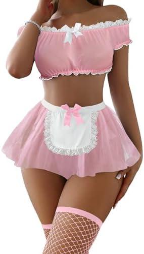 Foxiny Sexy Stockings Mini Skirt Mesh Sheer Lace Halloween Costume Maid Outfit Lingerie with Thong Set 4 Piece XL