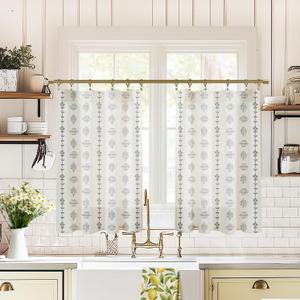 Boho Kitchen Curtains 36 Inch Length, Sheer Linen Modern Farmhouse Style Half Curtains for Windows Bathroom, Black and Cream White,24x36 in Long