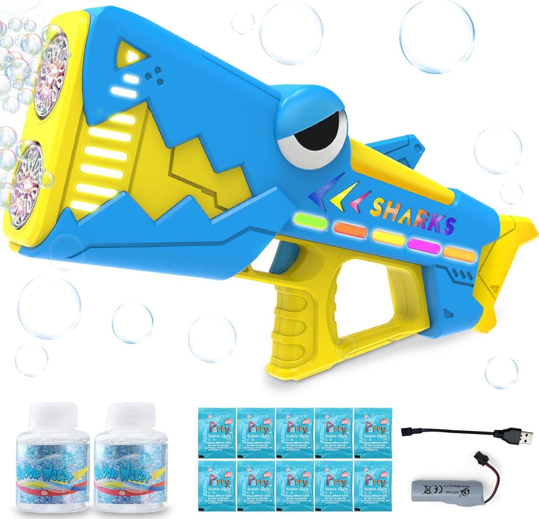 Bubble Gun for Kids Ages 4-8: Shark Light Up Bubble Machine for Toddlers, Rechargeable, 2 Bubble Solution, Outdoor Toy Party Birthday Gift for 3 4 5 6 7 8 Year Old