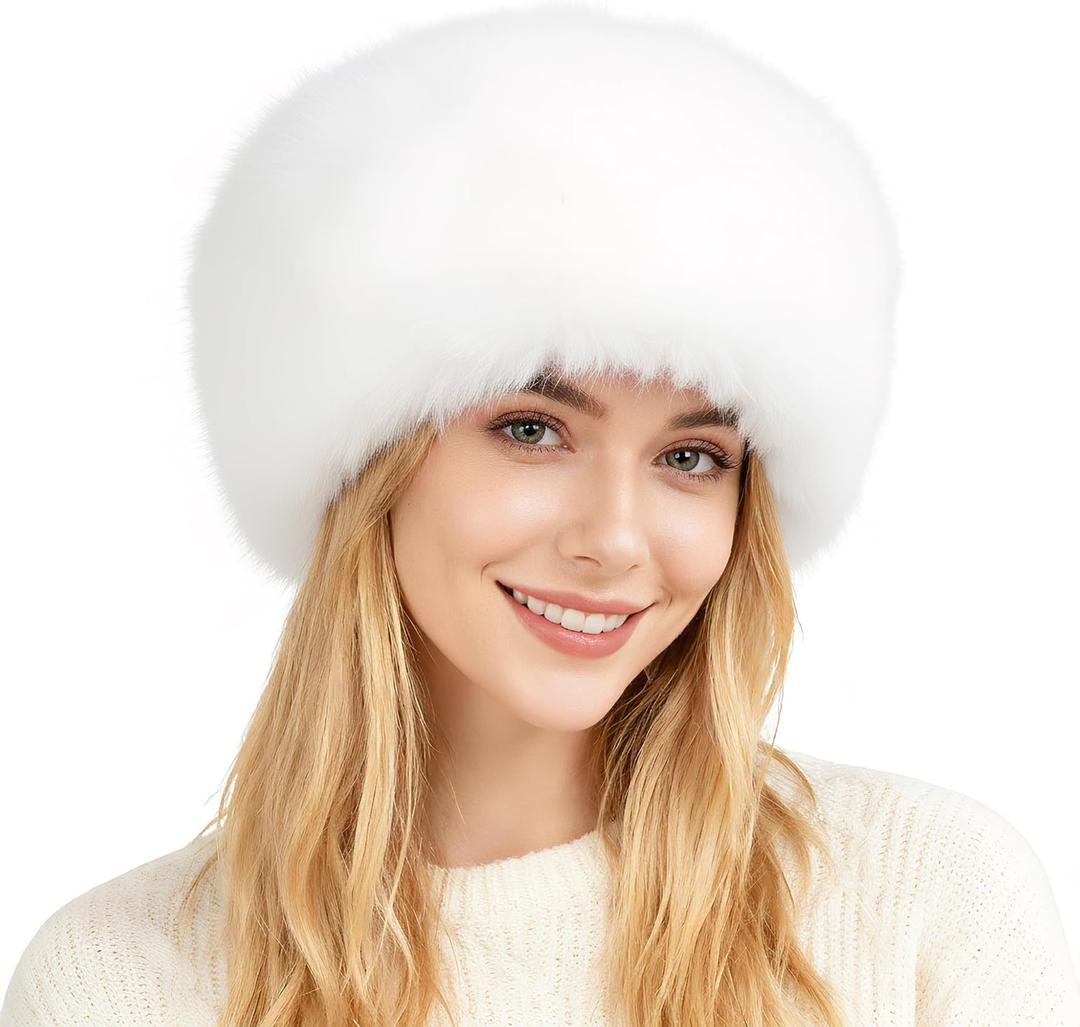 Fluffy Faux Fur Fuzzy Warm Winter Bucket Hat Cap for Women (White)