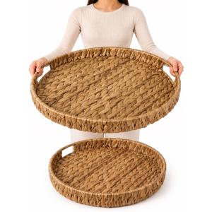 2 Pack Round Wicker Ottoman Trays with Handles, 20" & 16" Hand-Woven Serving Trays for Coffee Table, Living Room, Kitchen Counter, Breakfast, Farmhouse Home Dcor