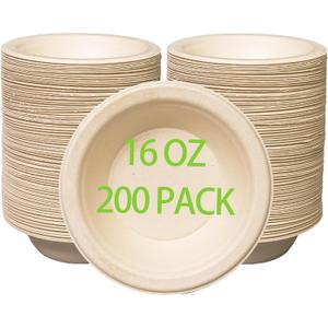 16 oz Compostable Paper Bowls 200pack, Heavy-Duty, Eco-Friendly, Bulk Pack, Disposable Bowls, Biodegradable Made of Sugar Cane Fibers, Hot or Cold Use(natural)