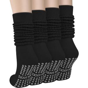 4 Pairs Yoga Pilates Scrunch Socks with Grip Socks for Women, Cotton Non Slip Slouch Calf Socks Slipper Crew Stockings, One size