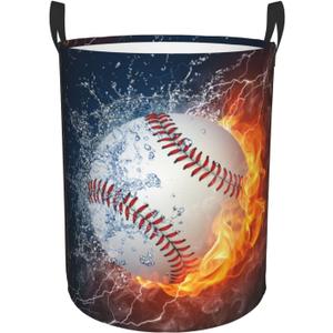 Gbuzozie Sport Baseball Ball In Fire And Water Round Laundry Hamper Storage Basket Toys Clothes Organizer Bin For Home Bathroom Bedroom Dorm Nursery, 62l