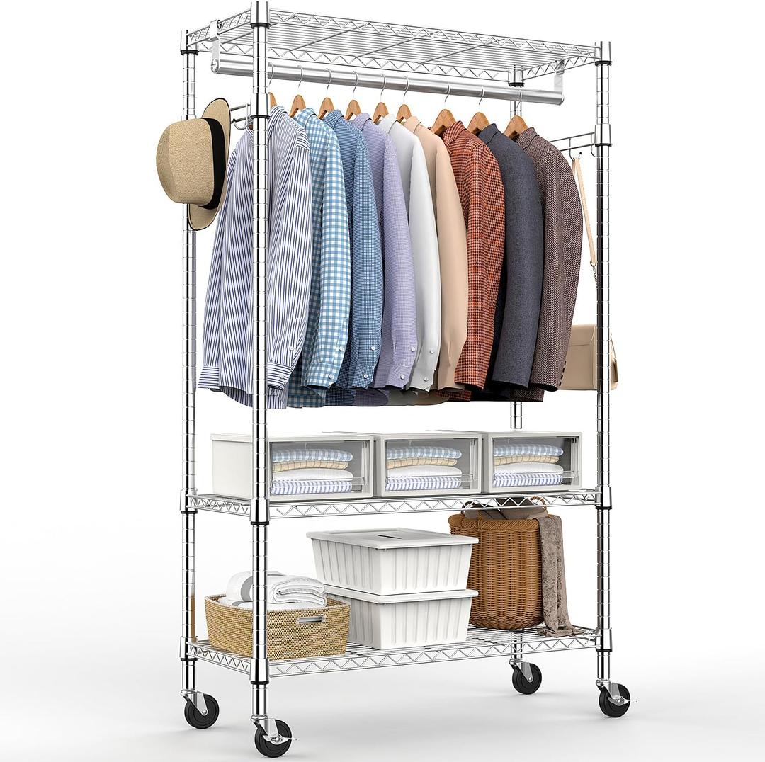 Heavy Duty Rolling Garment Rack 3 Tiers Adjustable Wire Shelving Clothes Rack with Rods and Side Hooks, Storage Closet Clothing Rack with Wheels Chrome 15.7" D x 29.5" W x 74.5" H