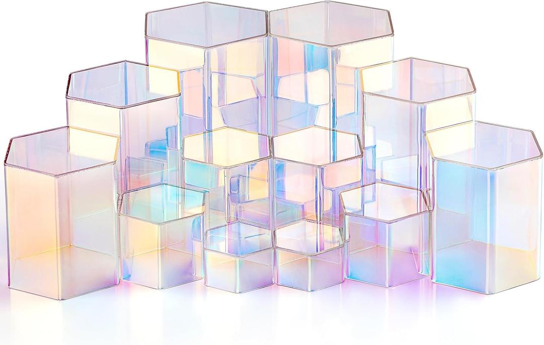 Jetec 12 Pcs Acrylic Display Risers Hexagonal Jewelry Display Stands Perfume Jewelry Showcase Acrylic Jewelry Display Organizer for Collectible Figures Jewelry Display, 6 Sizes (Rainbow Color)