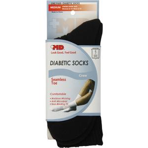 Seamless Toe-Wave-In Mesh Diabetic Crew Socks, Black, Medium