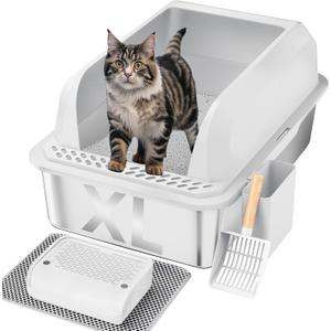 Stainless Steel Cat Litter Box with Lid, XL Large Litter Box for Big Cats, Enclosed Kitty Litter Pan with High Sides, Anti-Leakage&Non-Stick, Easy to Clean, Included Scoop, Aisle and Mat White