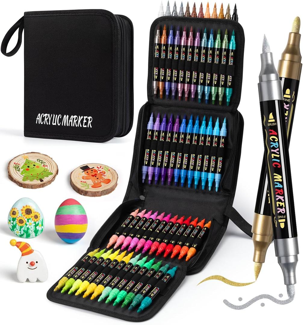 Dual Tip Acrylic Paint Markers, Paint Pens with Fine Tip and Brush Tip Pens, Coloring Markers No Bleed, for Paper, Pottery, Stones, Backpacks, Glass, Eggs, Fabrics, Plastics, Handicrafts