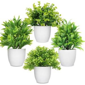 LELEE Artificial Potted Plants Mini Fake Plants in Pots, 4 Pack Medium Eucalyptus Potted Faux Decorative Grass Plant with White Plastic Pot for Home Decor, Indoor, Office, Desk, Table Decoration