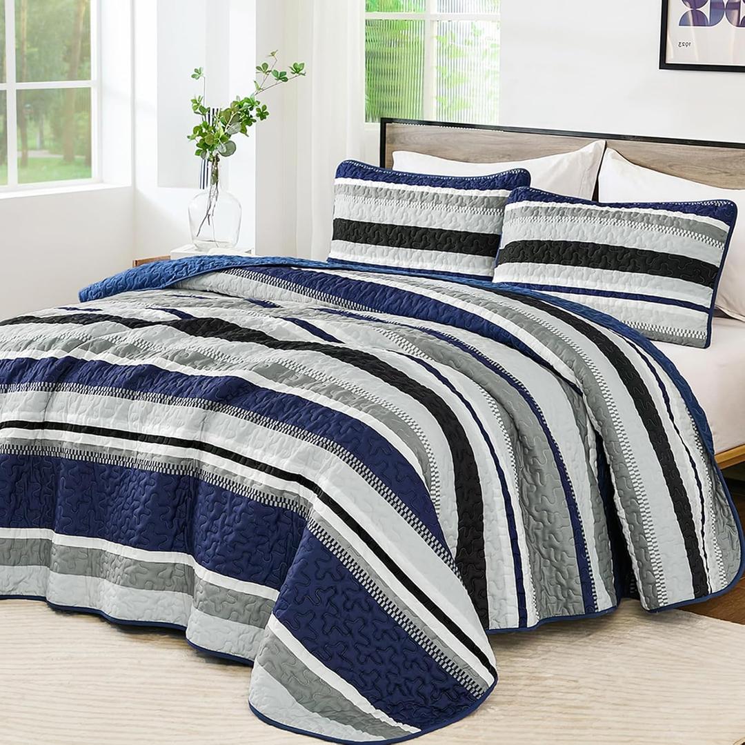 WONGS BEDDING Quilts Queen Size, Navy Blue Quilt Bedspread Bedding Set, Summer Queen Coverlet Sets with Shams, 3 Pieces Lightweight Striped Quilt for Bed(96"x 90")