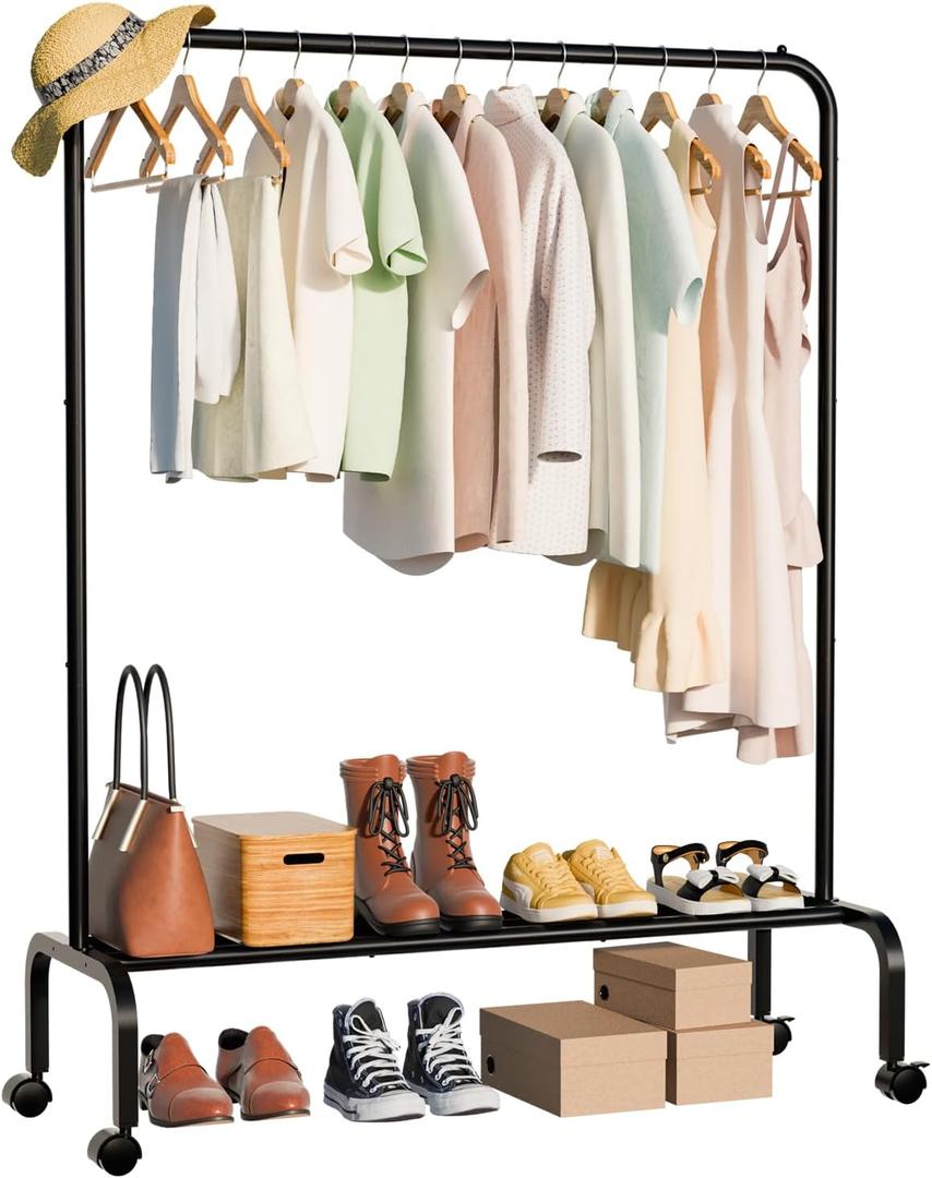Metal Standing Clothes Rack, Rolling Clothing Rack for Hanging Clothes, Portable Clothes Rack with Storage Shelves, Black