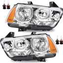 Headlight Assembly w/Bulbs Compatible with 2011-2014 Dodge Charger OE Halogen Headlamp Chrome Housing Amber Reflector Replacement Driver and Passenger Side