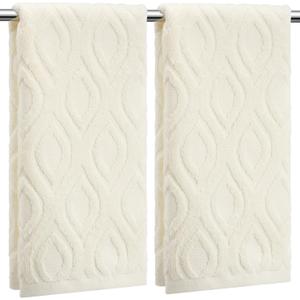 SmoothNovelty 2 Pcs Cream White Jacquard Hand Towels for Bathroom Geometric Hand Towels 100% Cotton Absorbent Decorative Weave Bath Washcloth Bathroom Decor Gift, 13.7 x 29.5 Inch