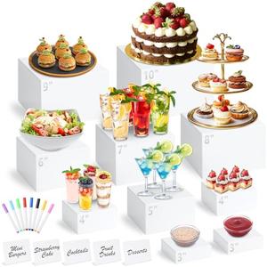 6 Pcs White Acrylic Buffet Risers with Mini Sign and Marker, Food Display Stands for Buffet Table Party Catering Dessert Jewelry Collectibles, Acrylic Cube Nesting Boxes with Hollow Bottoms