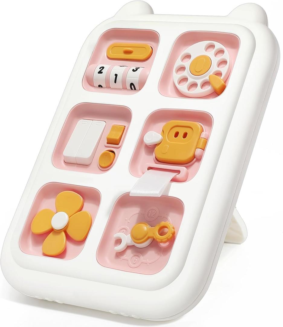 Topsolid Montessori Sensory Toys for 1-3 Year Olds - Travel Toys for 12-18 Months, Busy Board for Fine Motor Skills, 1st Birthday Gift for Boys & Girls - Pink