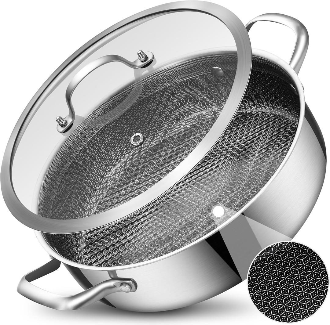 LOLYKITCH 5 QT Hybrid Ceramic Non Stick Tri-Ply Stainless Steel Saut Pan with Lid,12 Inch Jumbo Cooker,PFOA & PFOS Free,Induction Cooking Pot, Dishwasher and Oven Safe