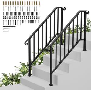 Hand Rails for Outdoor Steps-Adjustable Angle 4-5 Steps Stair Handrail-Galvanized Alloy steel-600 lb LC-Indoor Stair Railing Kit-Waterproof Exterior Porch Railing-Deck HandRail for Concrete Wood Step (2PC Curved End+Baluster)